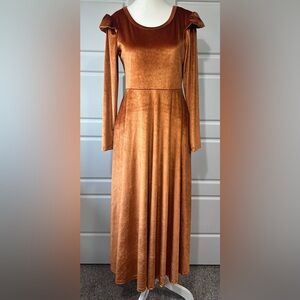 Velvet Copper Renaissance Castlecore Maxi Dress‎ Long Sleeve Ruffle Shoulder SM